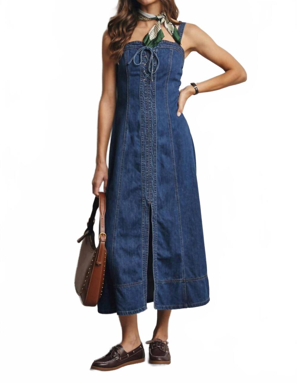 NEW FORTE women's lace-up denim maxi dress in blue